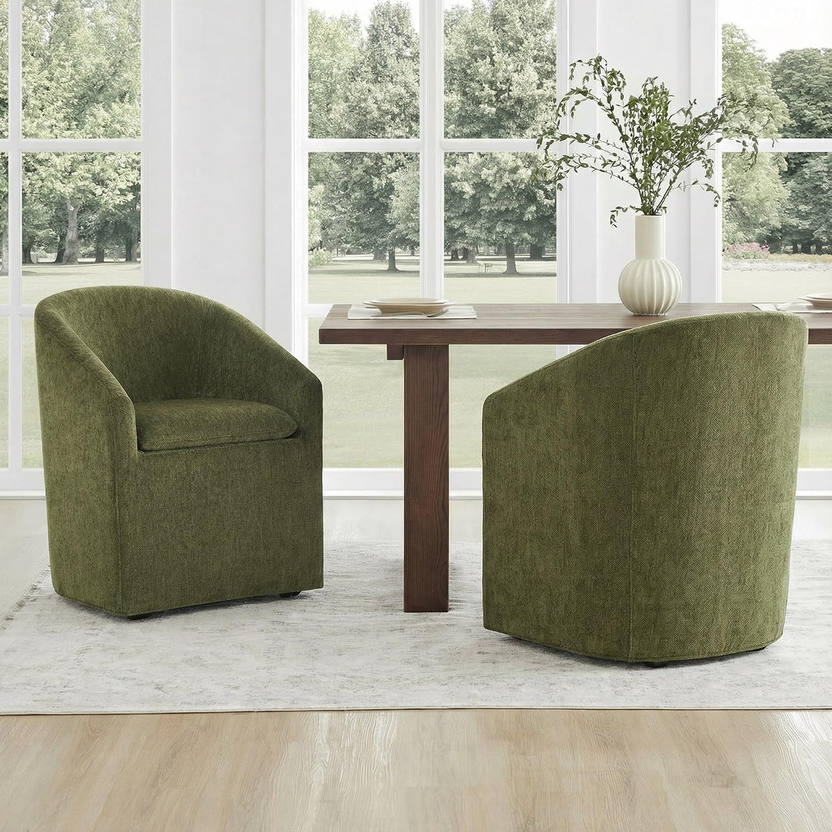 KISLOT Upholstered Dining Chairs Set of 2 with Casters, Moss Green