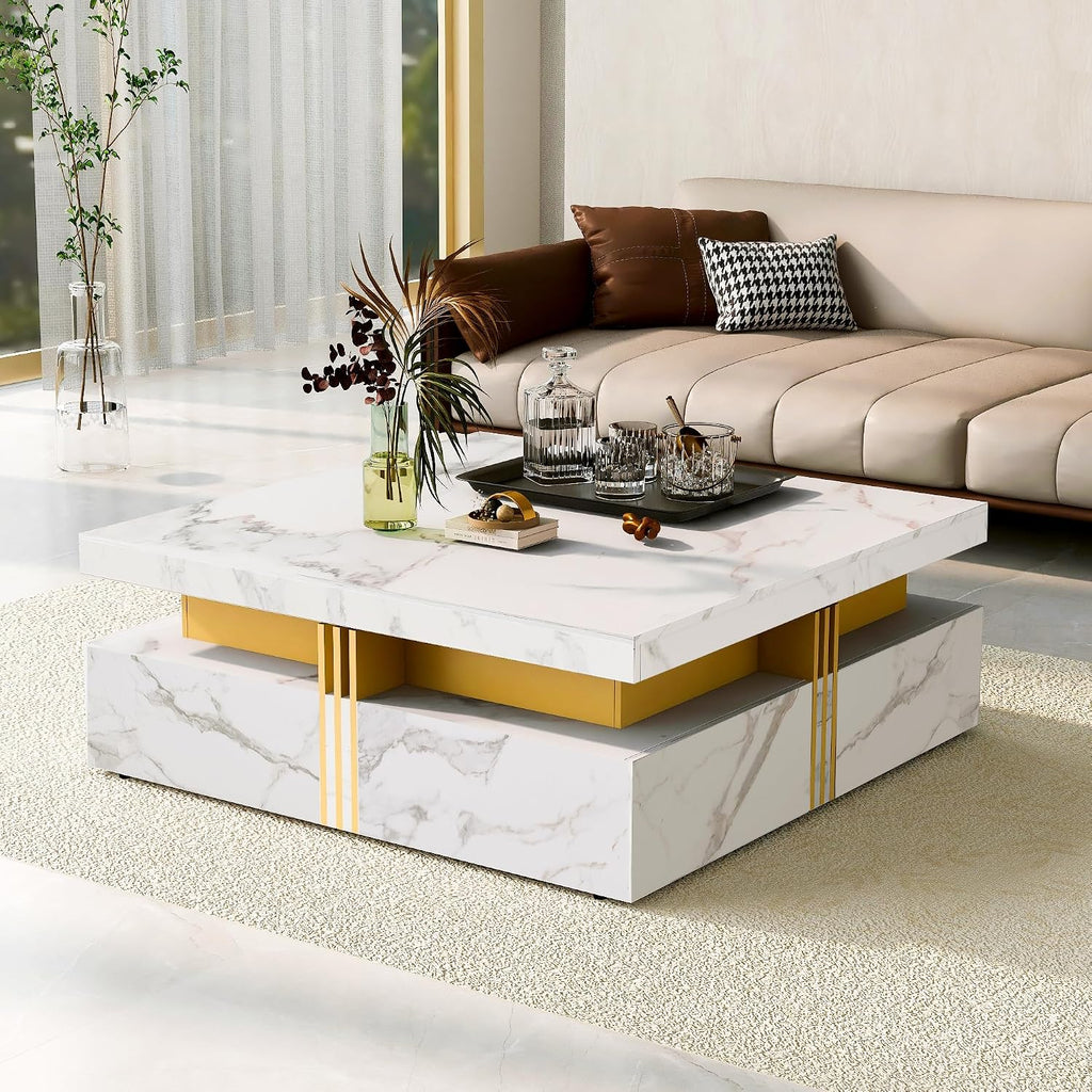 Merax Coffee Table, Modern Square Coffee Table with 4 Drawers, Contemporary Luxury Center Table Cocktail Table with Gold Accents for Living Room, 43.3" Lx 43.3" W (White)