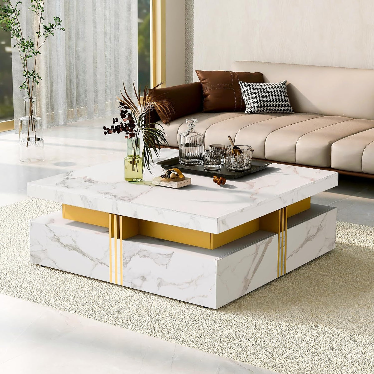 Merax Coffee Table, Modern Square Coffee Table with 4 Drawers, Contemporary Luxury Center Table Cocktail Table with Gold Accents for Living Room, 43.3" Lx 43.3" W (White)