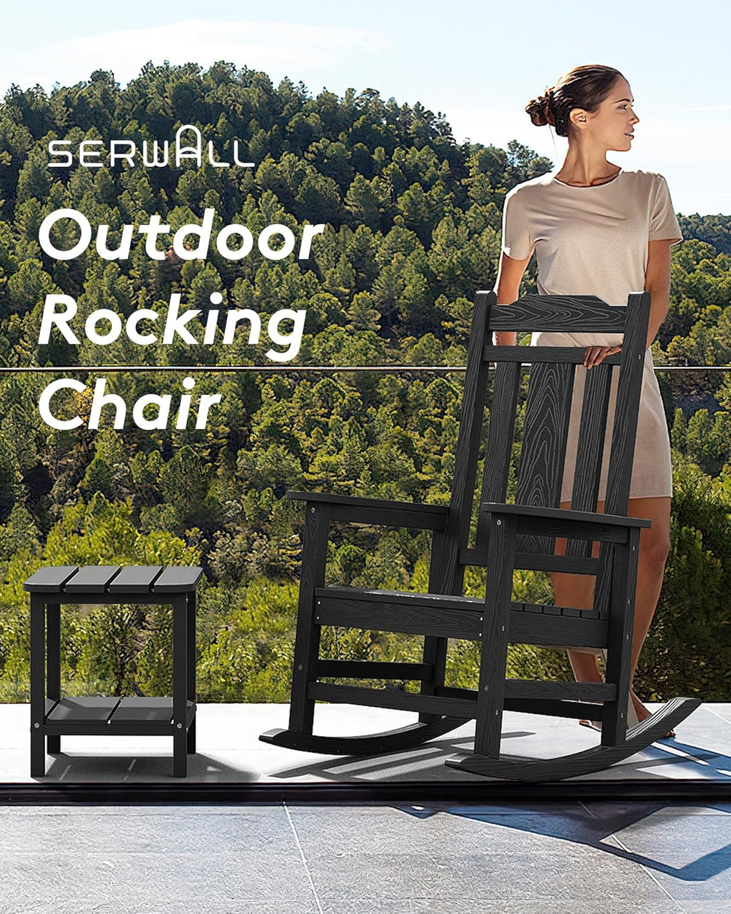 SERWALL HDPE Oversized Outdoor Rocking Chairs Set of 2, Patio Rocker, Black