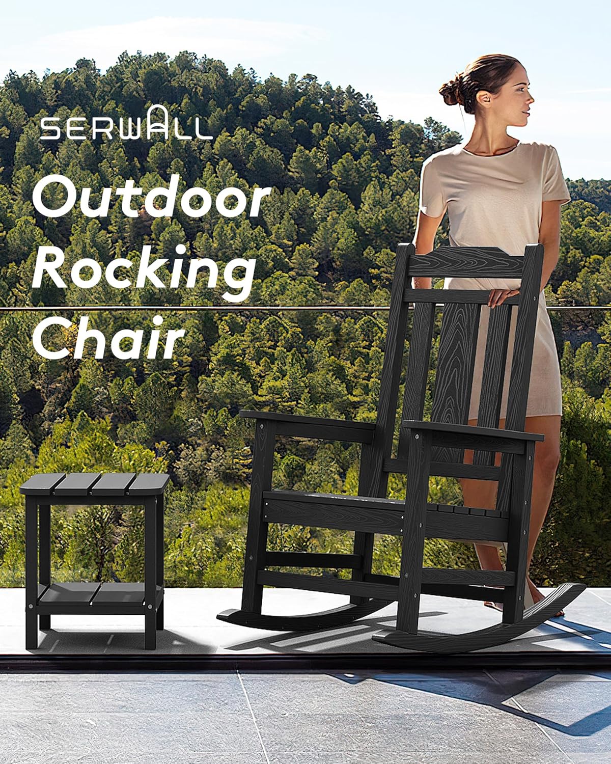 SERWALL HDPE Oversized Outdoor Rocking Chairs Set of 2, Patio Rocker, Black