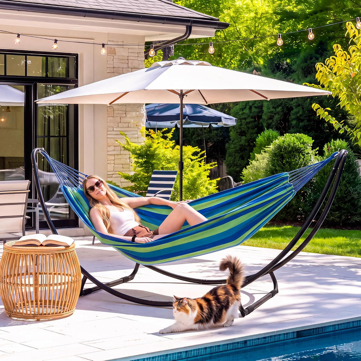 SUNCREAT Hammocks Standing Patio Hammock, Portable Hammock with Stand Foldable, Patent Pending, Blue Green