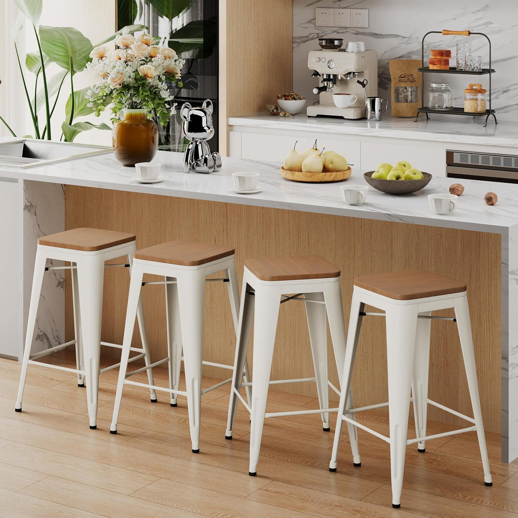 Alunaune 24" Metal Bar Stools Set of 4 Industrial Backless Counter Height Barstools Kitchen Patio Stool Stackable with Wooden Seat- White