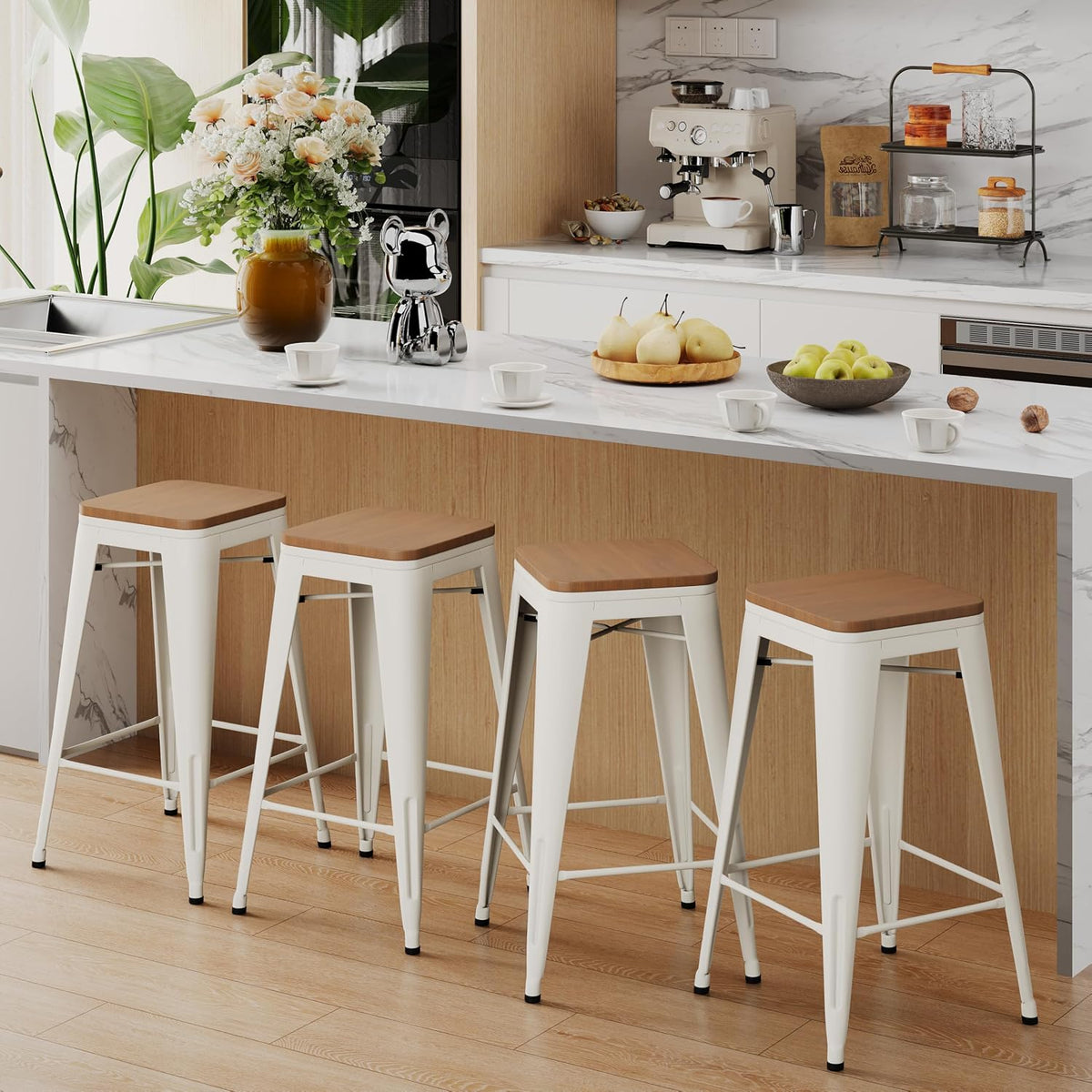 Alunaune 24" Metal Bar Stools Set of 4 Industrial Backless Counter Height Barstools Kitchen Patio Stool Stackable with Wooden Seat- White
