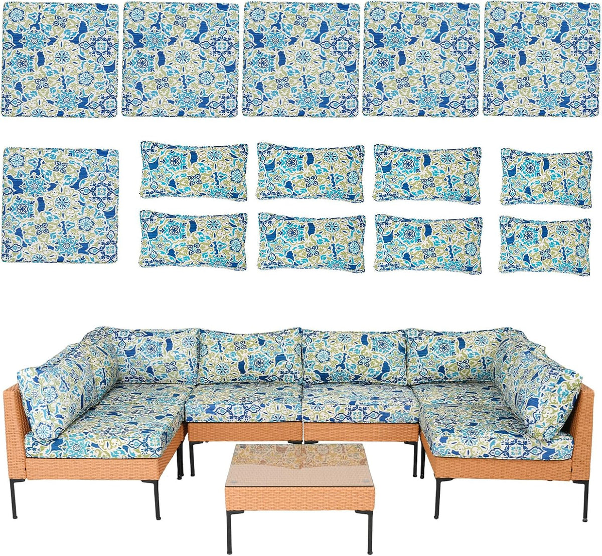 14 Piece Outdoor Patio Cushion Covers Replacement Waterproof with Zipper for 6-Seater Sectional Couch Chair Patio Furniture Conversation Sofa Seat Cushions Slipcovers Set, Only Cover