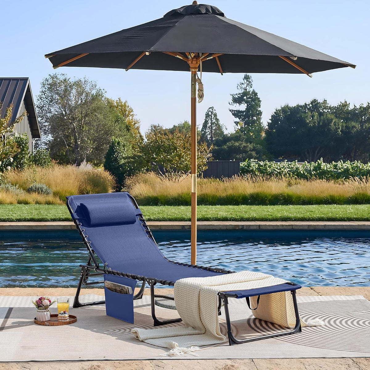 Flamaker Foldable Chaise Lounge Chair 5-Position Adjustable, Tanning Chair with Side Pocket, Outdoor Sunbathing for Pool, Beach, Patio, Lawn, Indoor Recliner Chair for Napping(Blue, 1 Pcs)