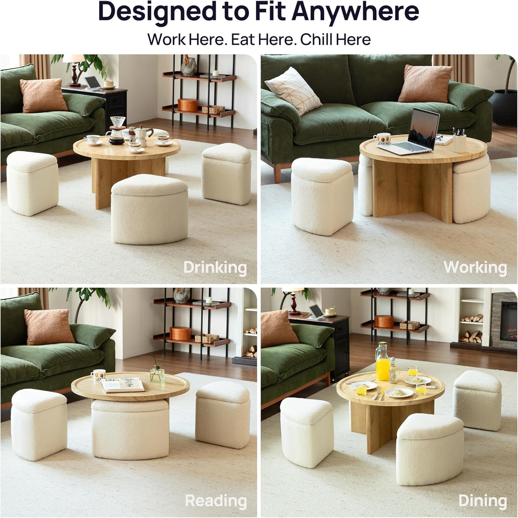 Round Coffee Table with Stools Underneath, 4 Storage Ottomans Chairs&Seats