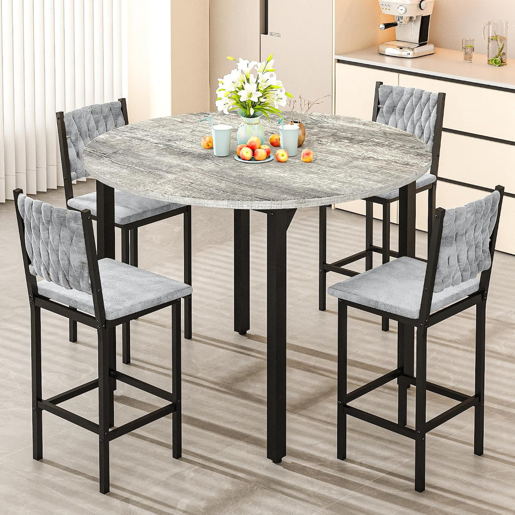 AWQM Round Dining Table Set for 4, Gray Hand-Woven Velvet Bar Stools(Gray)