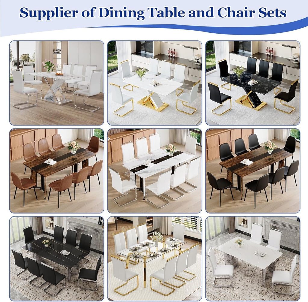 Dining Table Set for 6,White Marble 71'' Dining Room Table with Spacious legroom and White Leather Dining Chairs,Easy Assembley,7 Pieces Kitchen Table and Chairs for Dining Room,Restaurant