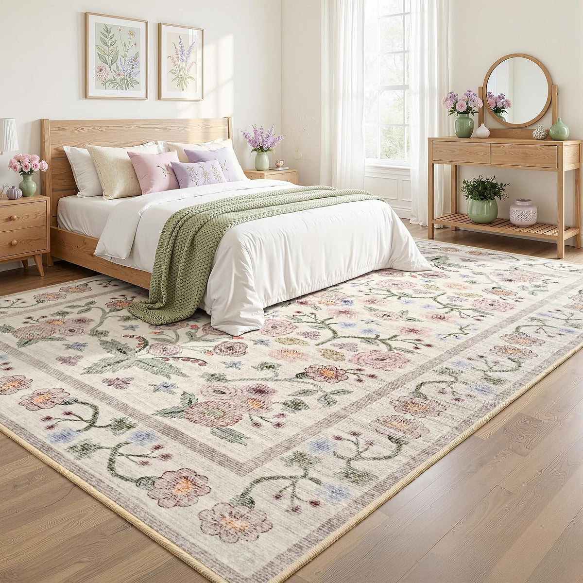 6x9 Area Rugs for Living Room Bedroom Floral Large Rug with Rubber Backing