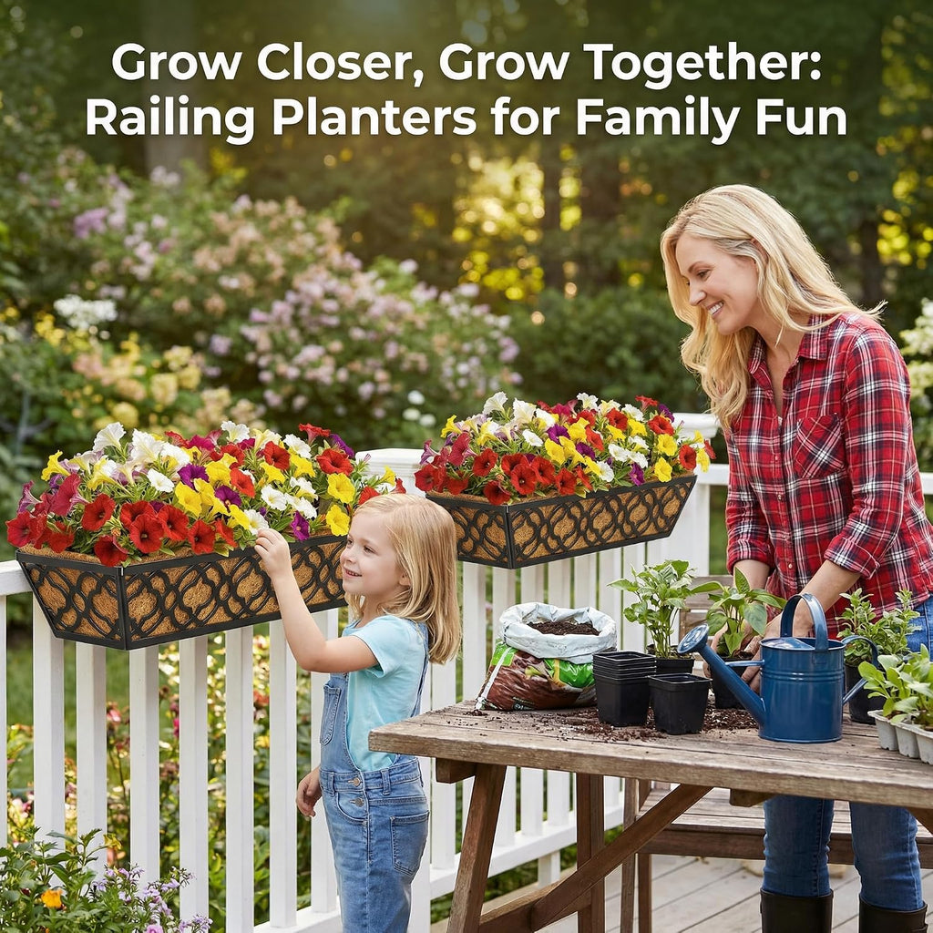 HFHOME 4 Pcs 30" Window Box Deck Railing Planter Box with Horse Trough Coco Liners, Black Metal Hanging Flower Planters Baskets for Indoor, Outdoor, Balcony, Porch, Fence, Patio, and Lawn