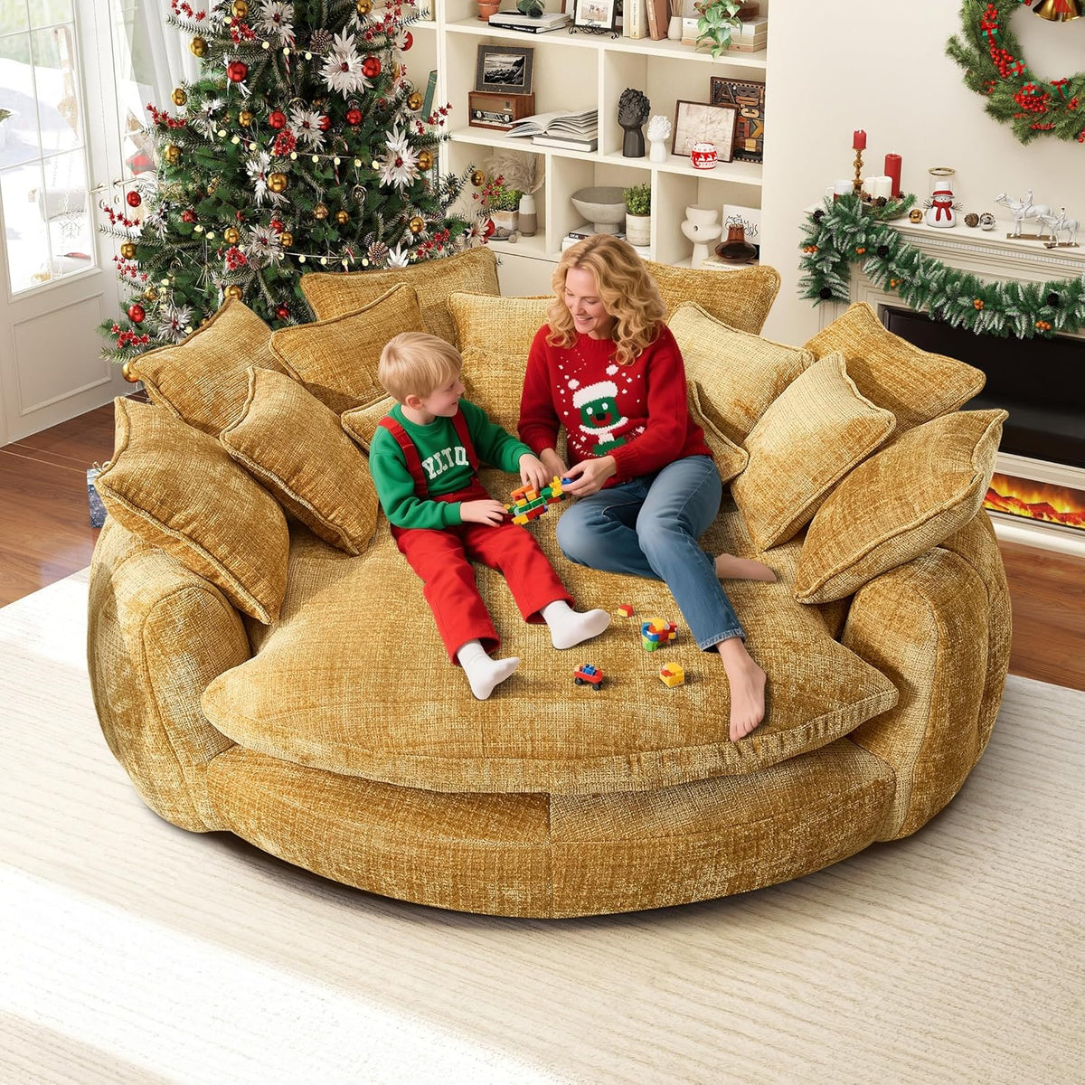 81.1" Oversized Round Chaise Lounge, Extra-Thick 14.9" Seat Wrap-Around Back Guard Spines In Open-Plan Loft, Villa,Game Den, Round Couch Family Find Movie-Night Stadium for 2+ Adults, Pets, Yellow