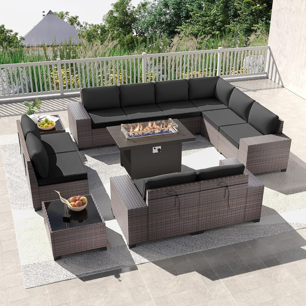 Kullavik 13 Piece Outdoor Wicker Patio Furniture Set with Fire Pit Table
