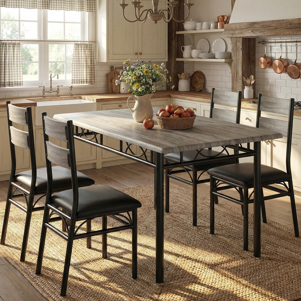 IDEALHOUSE Rectangular Kitchen Table and Chairs Set for 4, 5 Piece Dining Table Set for 4, High-Back Upholstered Chairs, Heavy-Duty Frame, Saving Space, for Dinner Dinette, Apartment, Rustic Gray