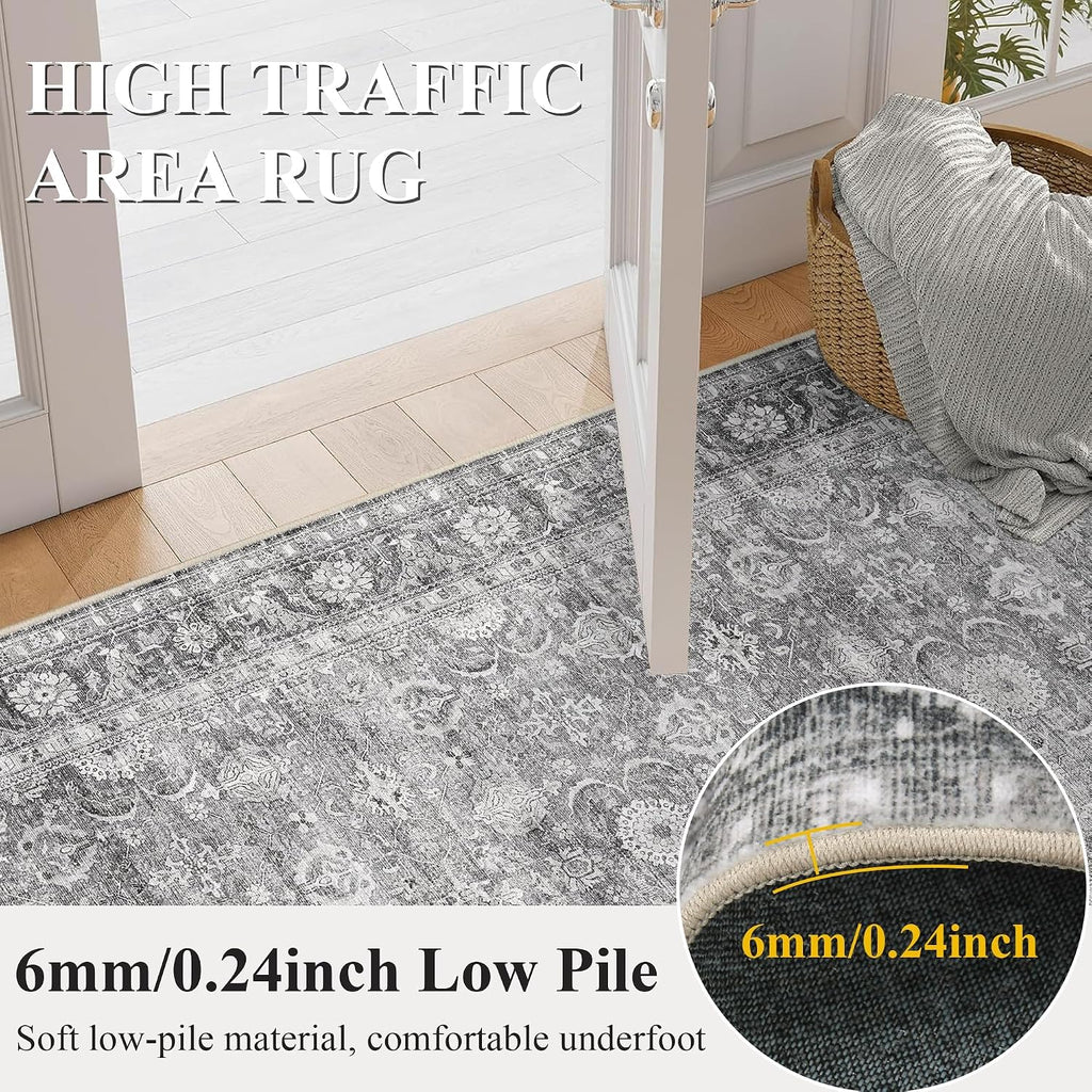 JOOJA 8x10 Grey Vintage Soft Low Pile Non Slip Boho Washable Area Rug