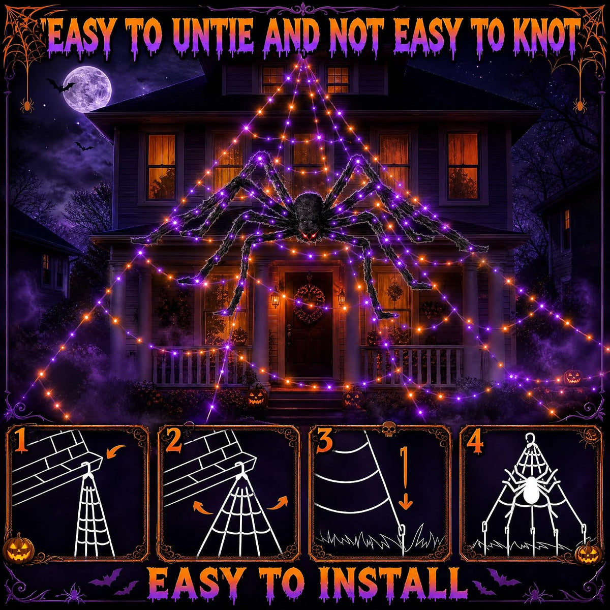 Halloween Decorations Outdoor Spider Web Lights - 550 LEDs Purple and Orange Remote Control Timer Plug in Giant Halloween Decor Cobwebs - 11 Modes Lighting Waterproof Yard Garden Party Decorations