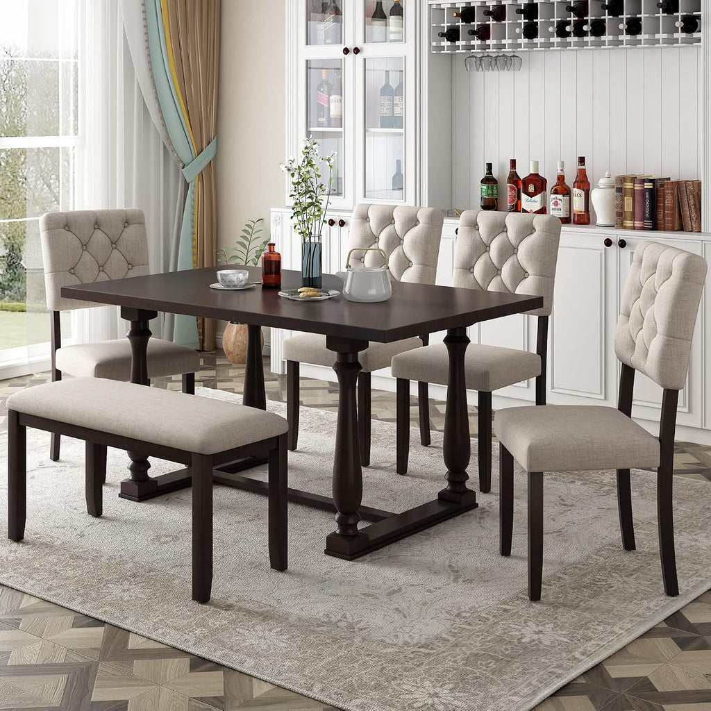 Merax 6 Pieces Dining Table Chair Set with Bench, Rectangle 4 Upholstered Chairs & a Wood Kitchen for Persons, Modern Style Room (Espresso+Beige)