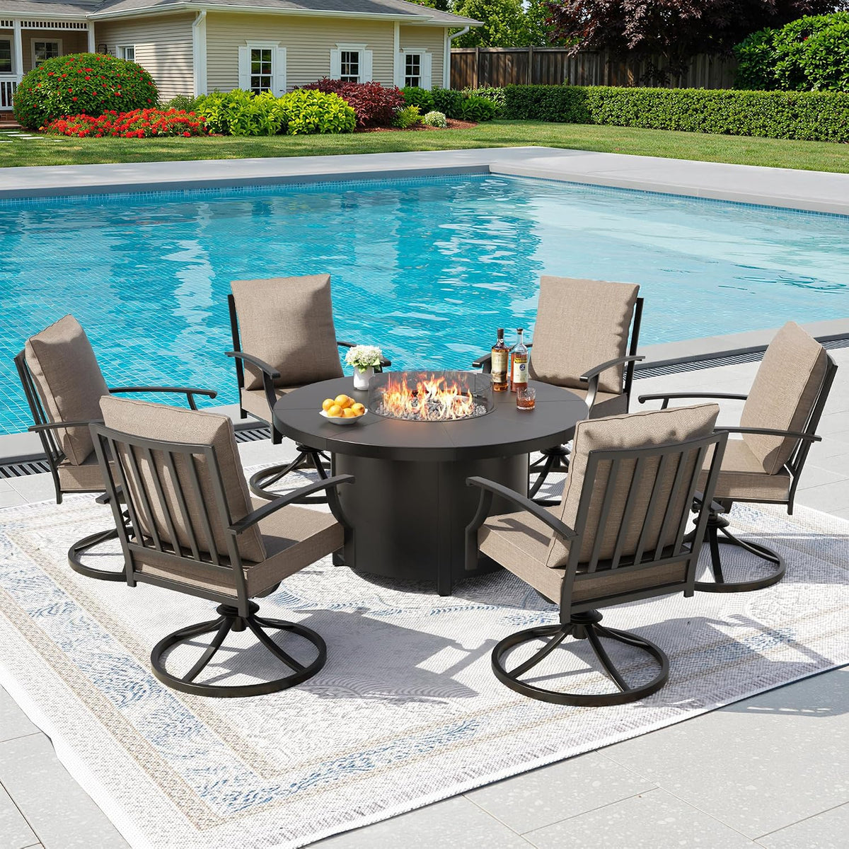 Kurapika 7 Piece Metal Outdoor Patio Furniture Set with Round Fire Pit Table, Patio Conversation Sets 6 Swivel Chairs with Thick Cushion and 40000 BTU Fire Pit Table, Sand