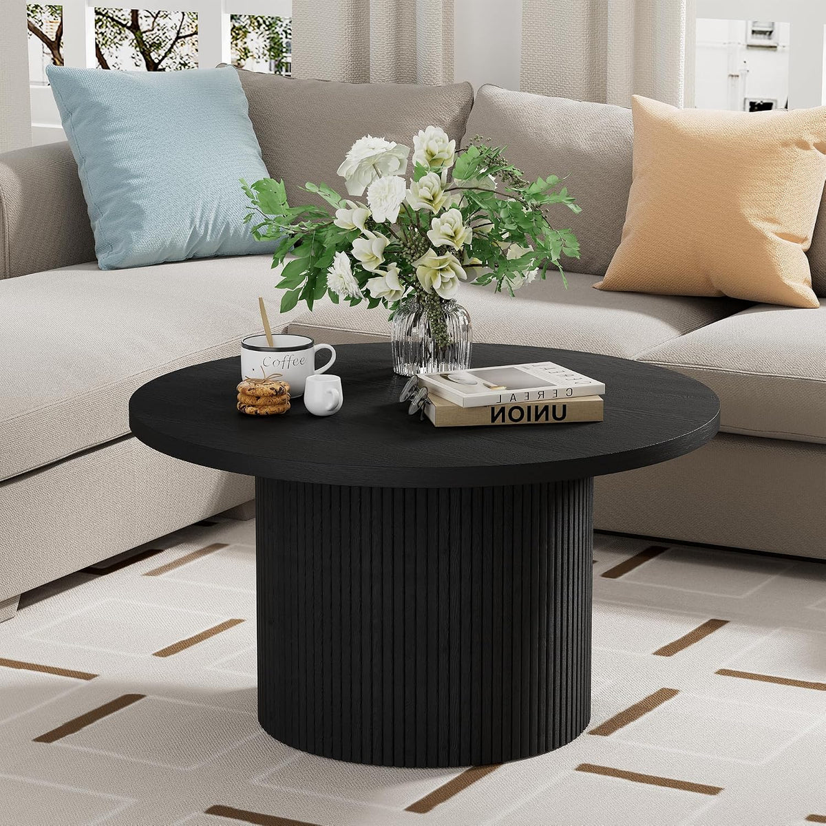 Furniway Round Coffee Table, 35.4" Circle Wide Coffee Table, Wood Table and Center Table for Living Room, Black