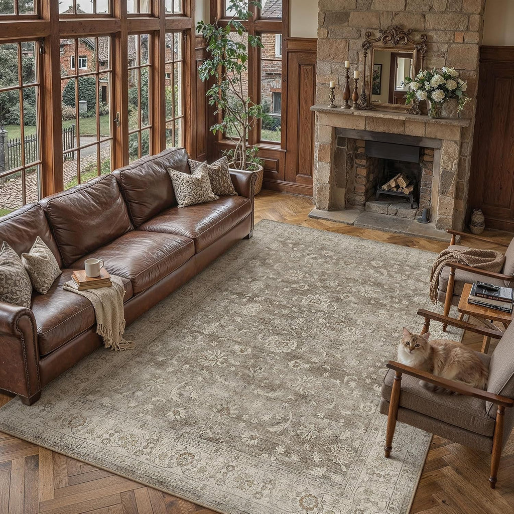 PureCozy Brown Gray Area Rug 8x10 Vintage Floral Distressed