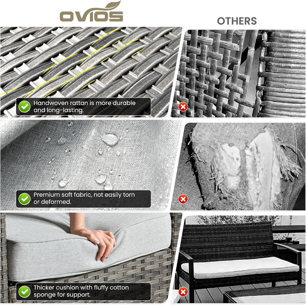 ovios 9 Pieces Patio Furniture Set, Outdoor Wicker Sofa Couch with Swivel Glider Chairs Solar Lights Table, Modern Deep Seat Rattan Conversation Sets for Deck Porch, Grey
