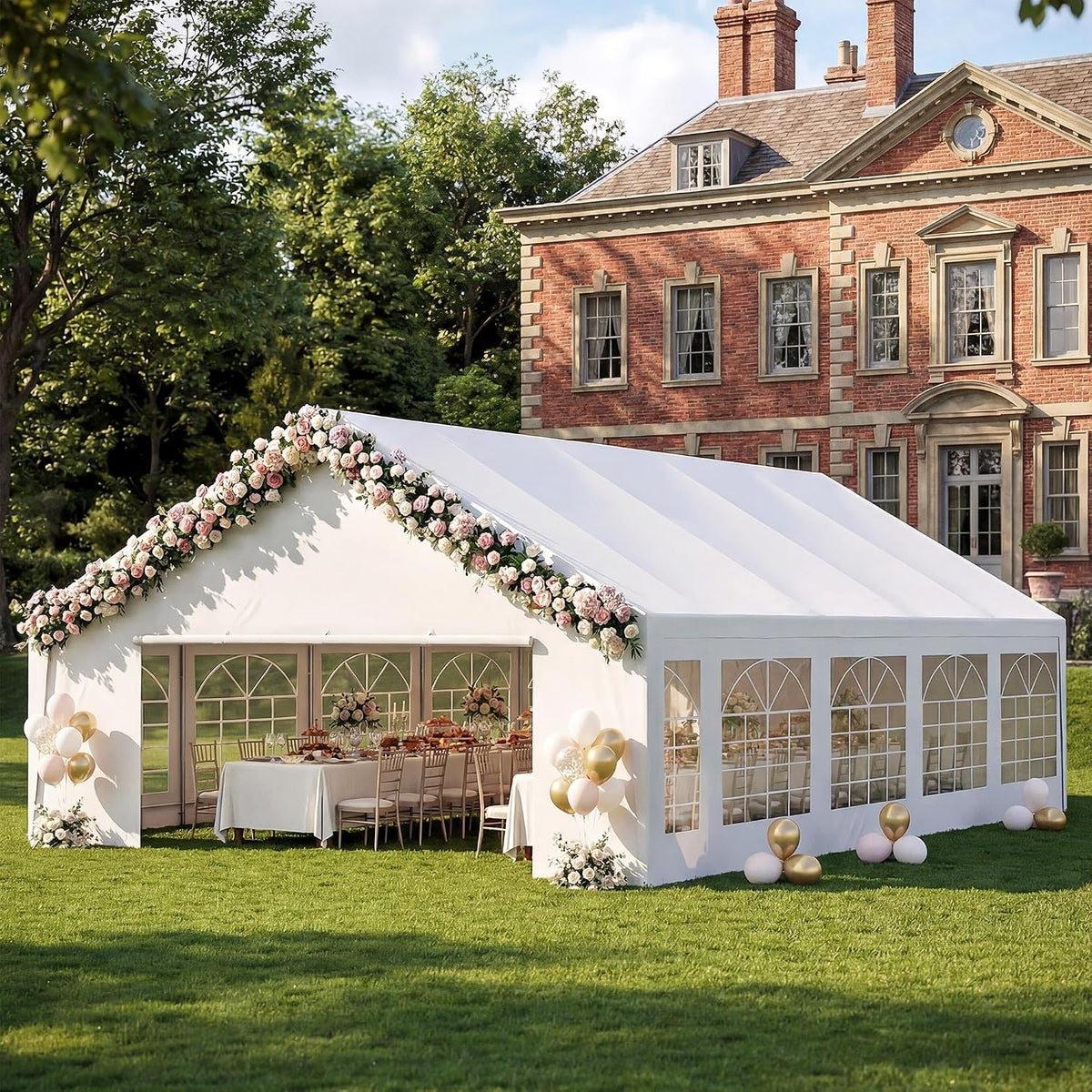 LAUSAINT HOME 20x30 Party Tent, Heavy Duty Waterproof Canopy with Removable Sidewalls & Roll-Up Door, Large White Event Shelter with Steel Frame for Wedding, Backyard, BBQ, Camping, for 35–60 People