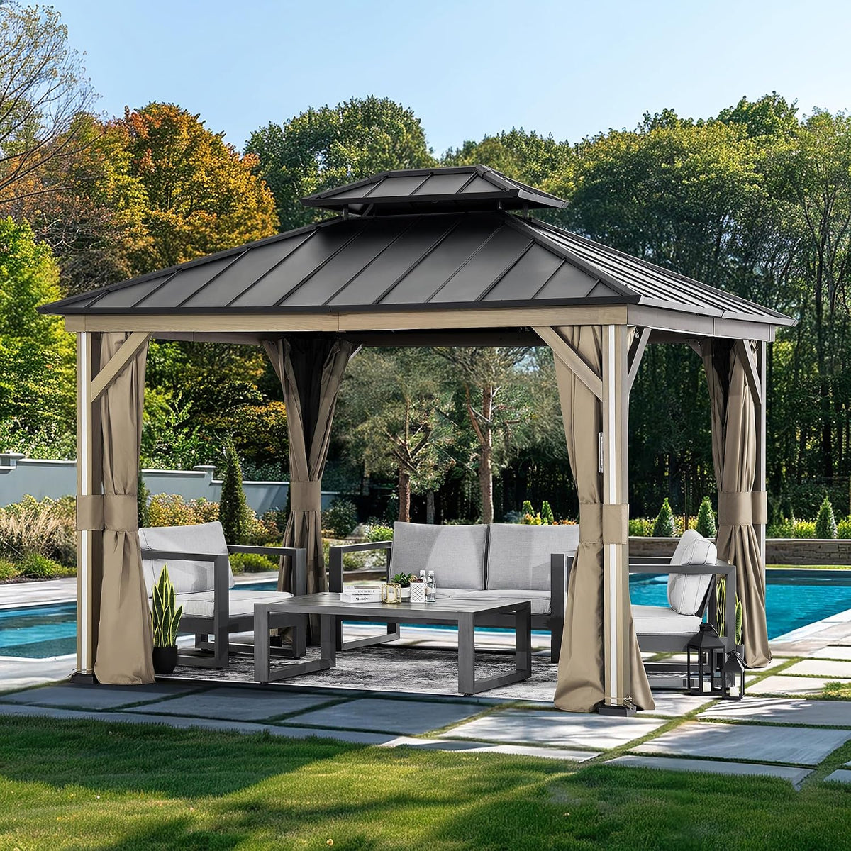 Modern Shade Hardtop Gazebo 10' x 12' with 4 Lights, Outdoor Gazebo with Galvanized Steel Double Roof, Patio Pavilion with USB and USB-C connectors, Netting and Curtains, Wood Looking