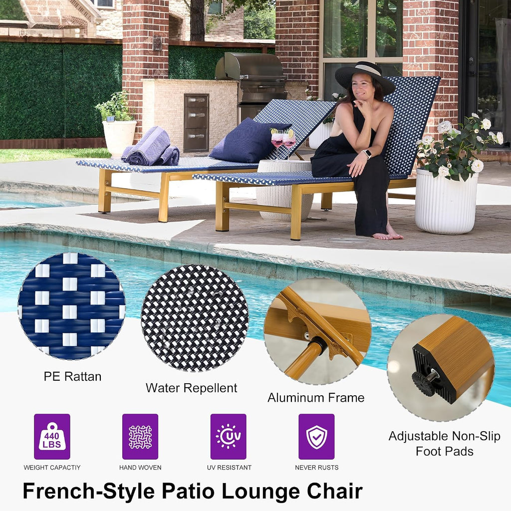 PURPLE LEAF Extra Wide Patio Lounge Chair Resort Wicker Set of 2, Navy