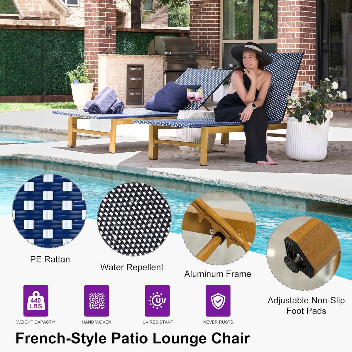 PURPLE LEAF Extra Wide Patio Lounge Chair Resort Wicker Set of 2, Navy