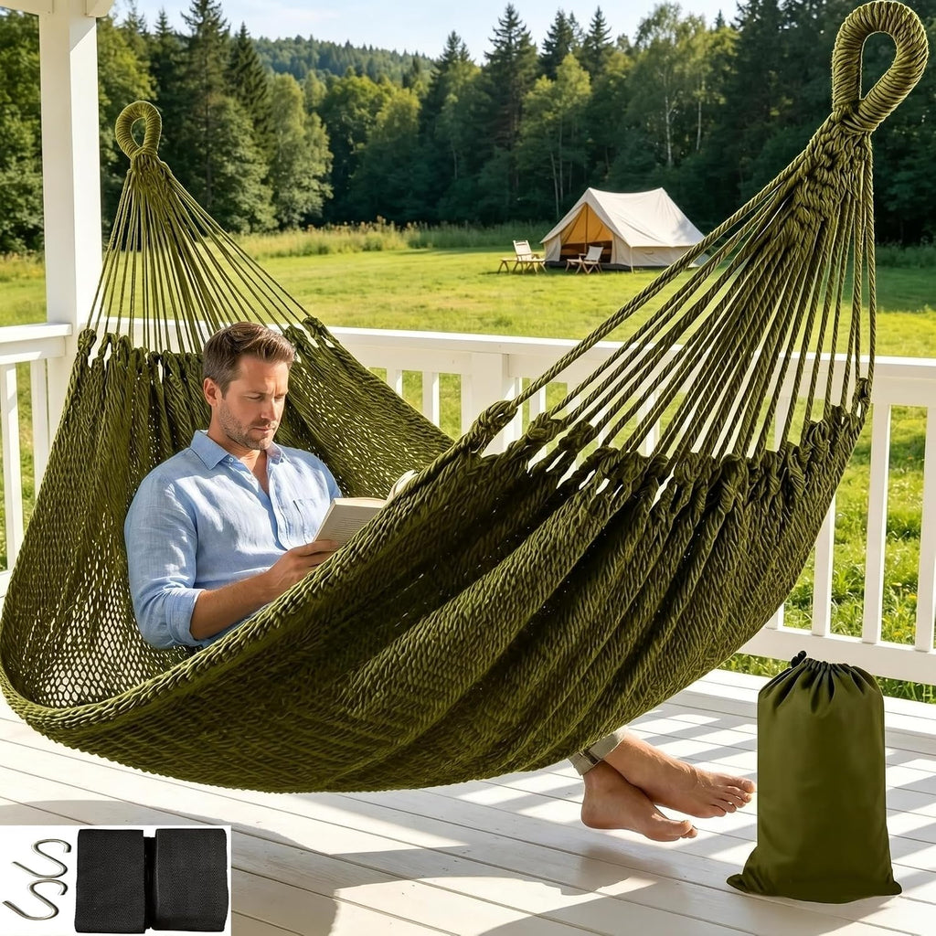 Handwoven Mayan Hammock with Carry Bag, 2 Person Family Size Cotton Nylon Rope Hammock, 500 lb Capacity, Portable Handmade Hammock for Camping, Backyard, Porch, Indoor Outdoor Use