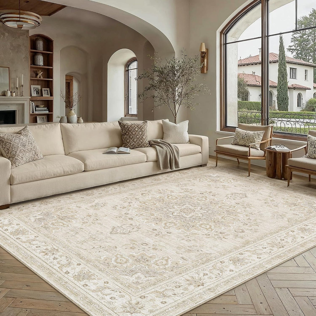 purecozy 9x12 neutral area rug living room ivory, side view