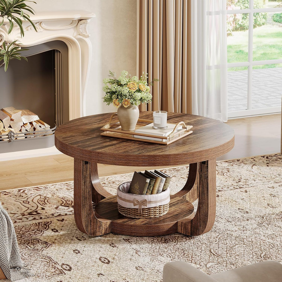 Tribesigns Round Coffee Table, 2-Tier Circle Coffee Table with Storage, Modern Wooden Accent Center Table for Living Room, Thick Tabletop & Base, Dark Brown