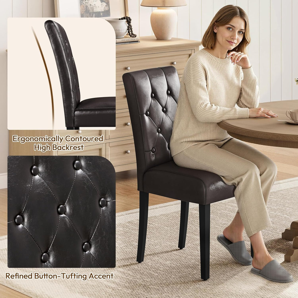 Yaheetech Dining Chairs Set of 2 Button Tufted Kitchen Chairs Brown