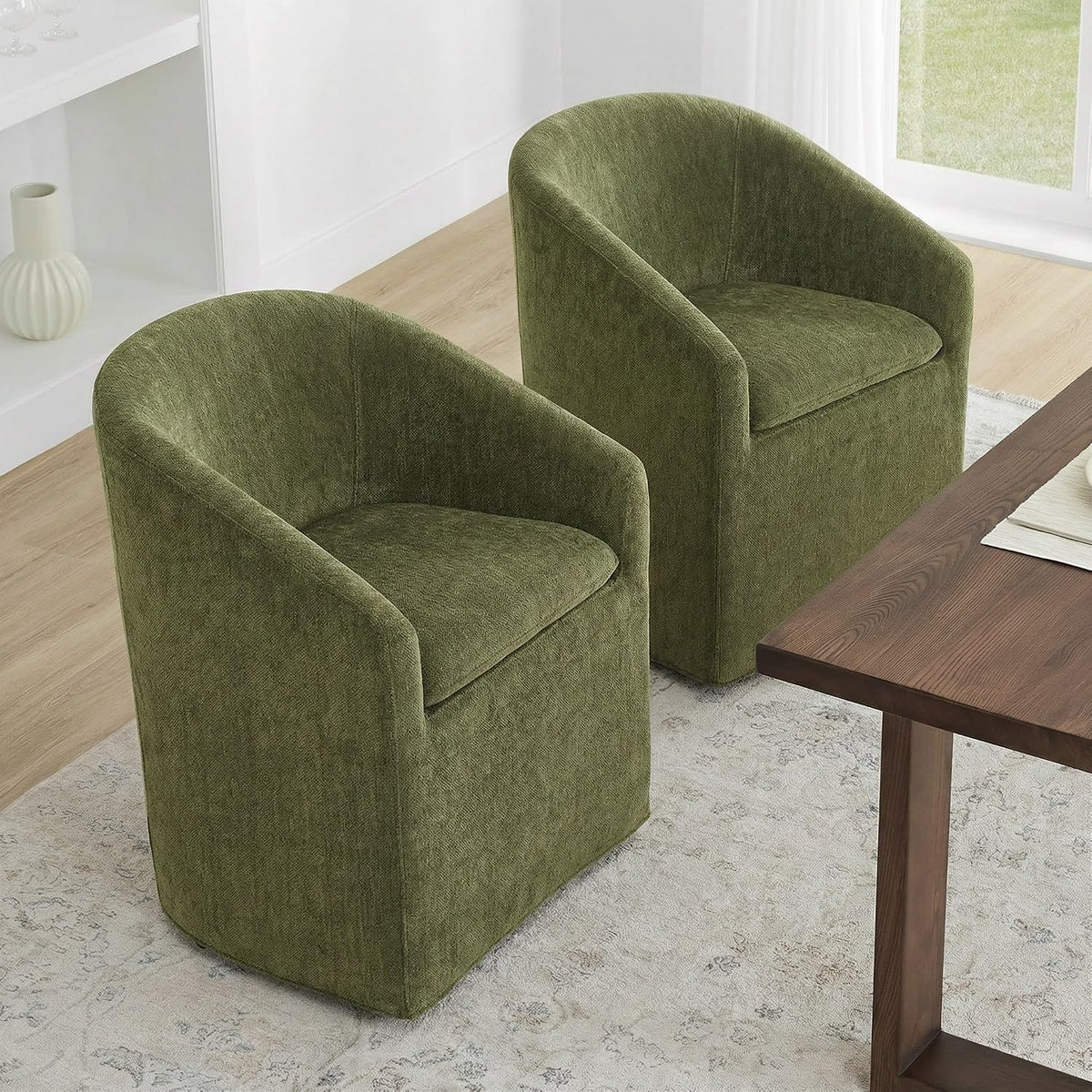 KISLOT Upholstered Dining Chairs Set of 2 with Casters, Moss Green