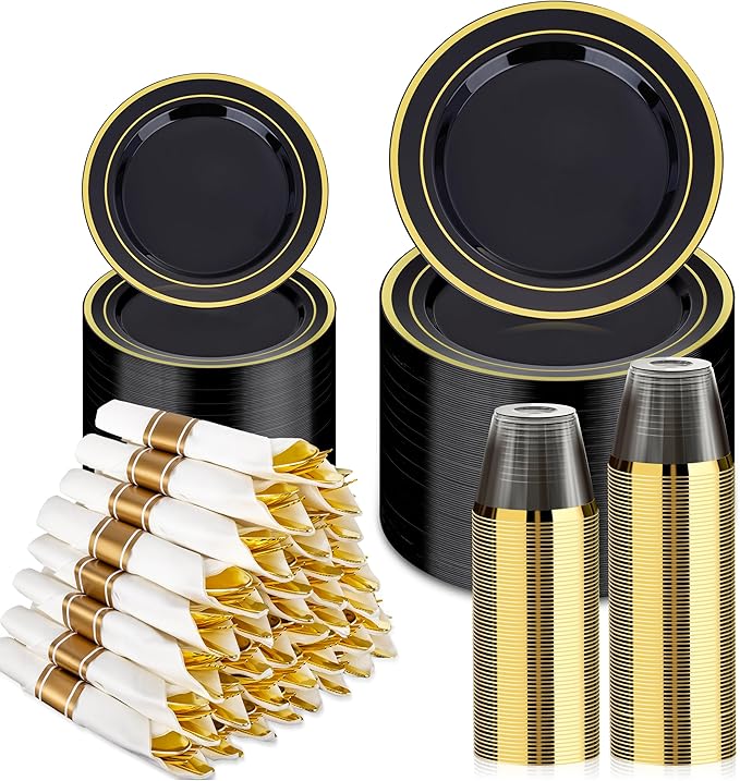 BESTVIP 350PCS Black Gold Dinnerware Set for 50 Guests, Plastic Plates for Halloween Party and Christmas, 50 Disposable Plates, 50 Dessert Plates, 50 Cups, 50 Spoons, 50 Forks and 100 Knives