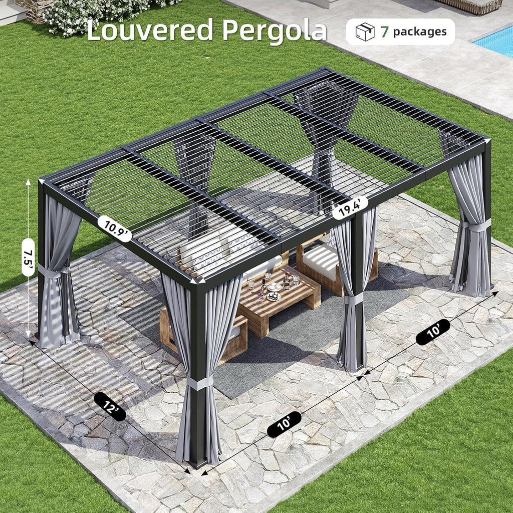 Aoxun Louvered Pergola 12x20 All-Aluminum, String Lights,Curtains & Netting