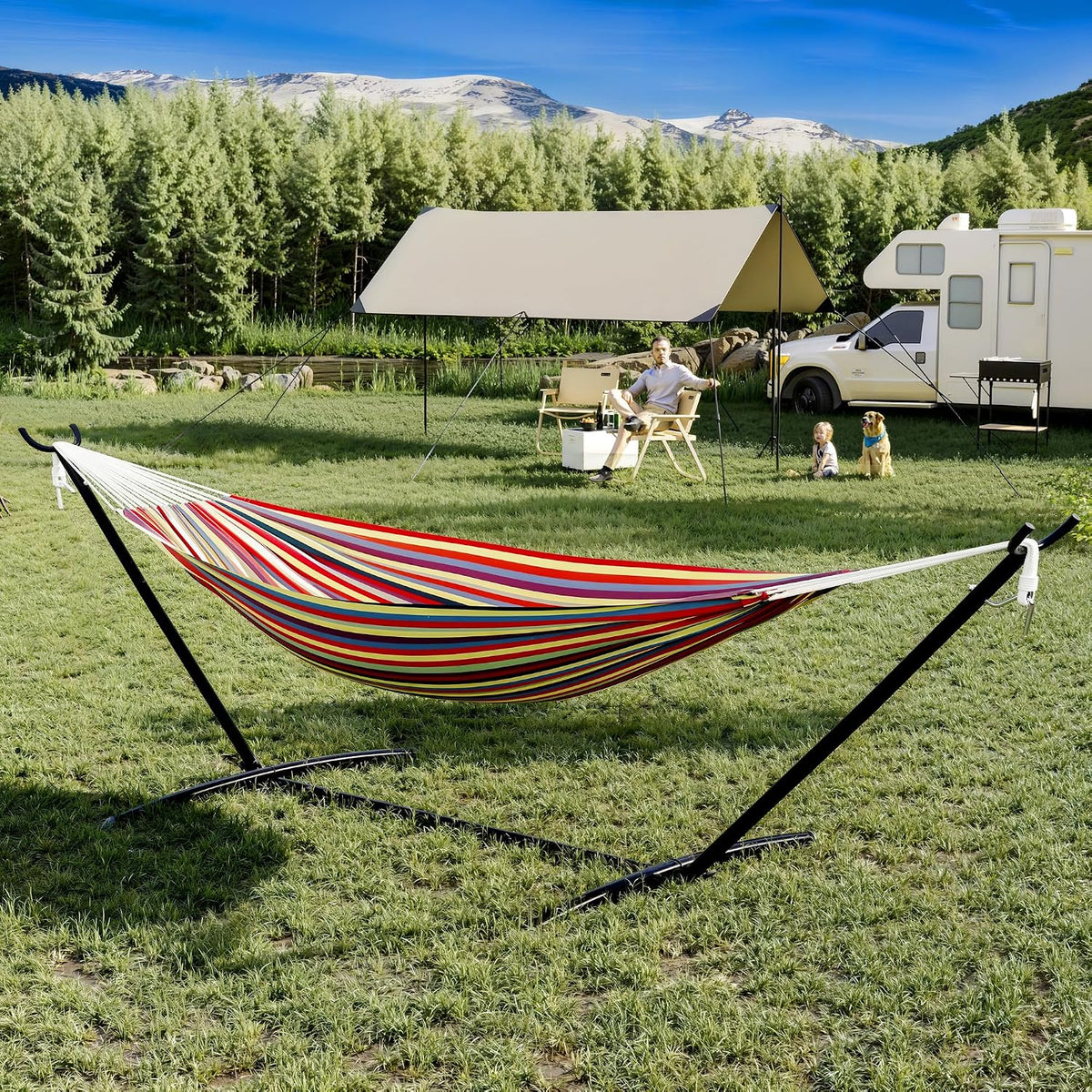 GarveeLife Instant-Setup 2-Person Hammock with Reinforced Steel Frame – Portable Outdoor Lounger for Garden, Camping & Beach (450 LB Capacity + Quick-Fold Carry Bag),Yellow Rainbow Stripe
