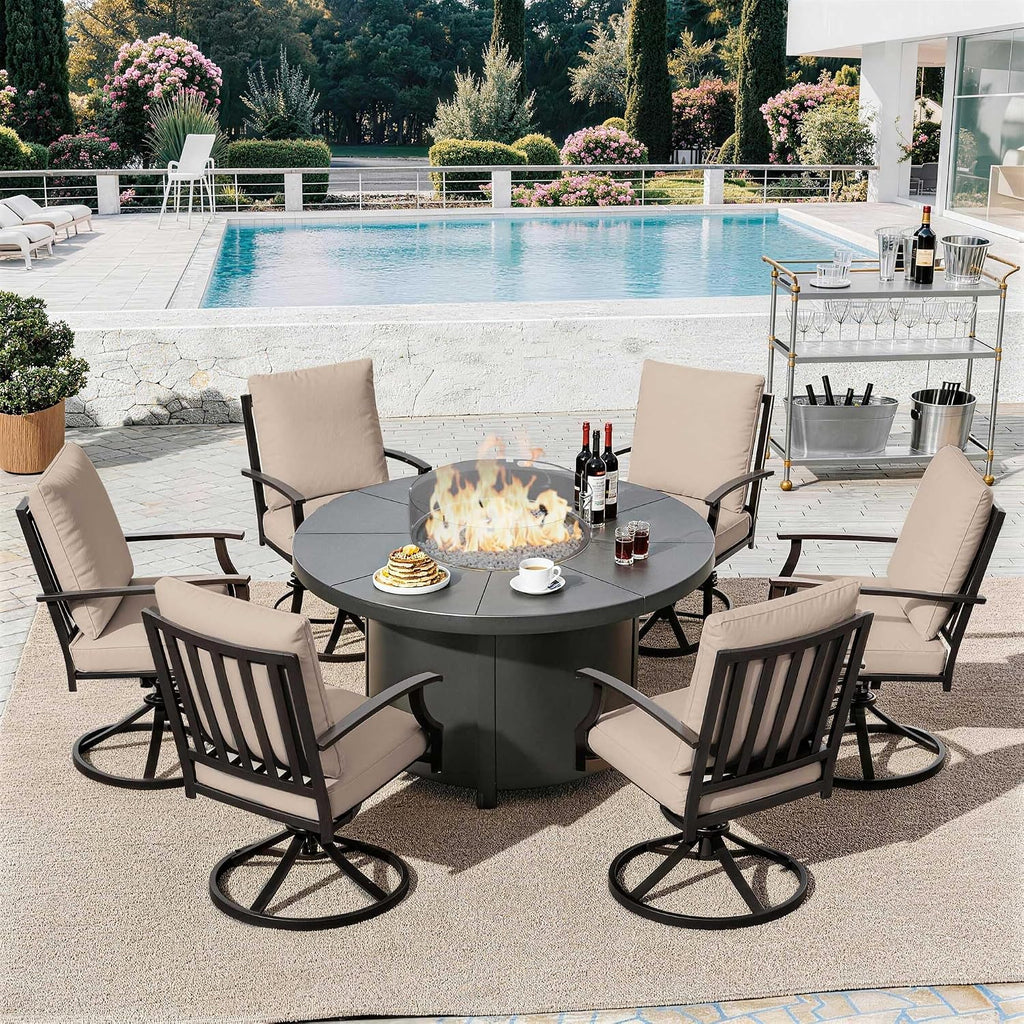 7 Piece Metal Outdoor Patio Furniture Set with 48"/55000 BTU Round Fire Pit Table,Outdoor Dining Table Set 6 Swivel Chairs No-Slip Cushions and Waterproof Covers,Sand