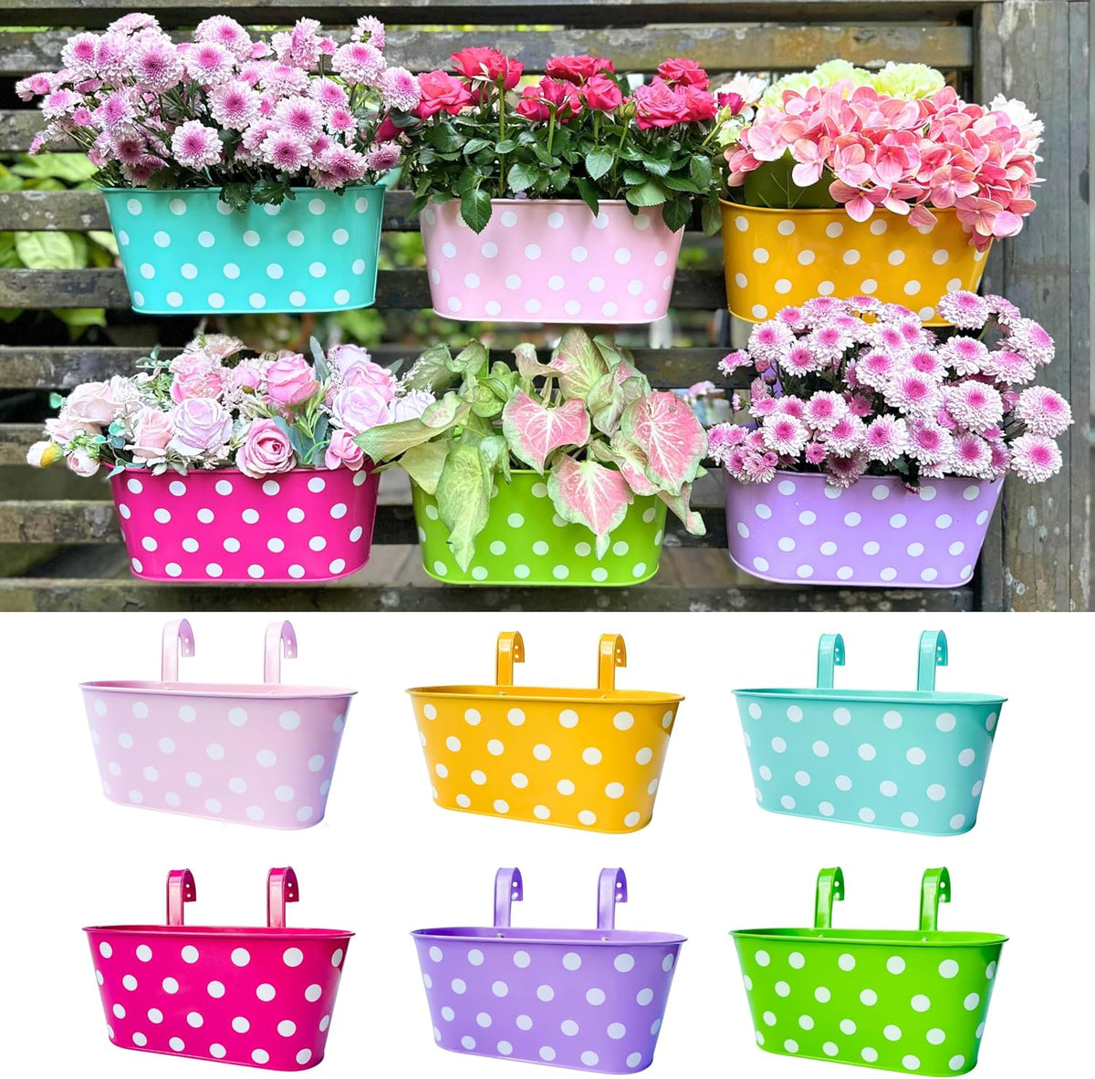 LaLaGreen Colorful Rail Planter (17 in, 6 Pack) Polka Dot Metal Deck Pots