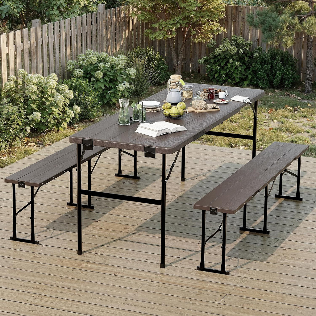 Polar Aurora Picnic Table Set with 2 Benches, 6 Feet Folding Camping Table Chair Set, Portable 3-Piece Outdoor Furniture with Wood Grain Top for Party, Picnic, Camping, Wedding (Brown)