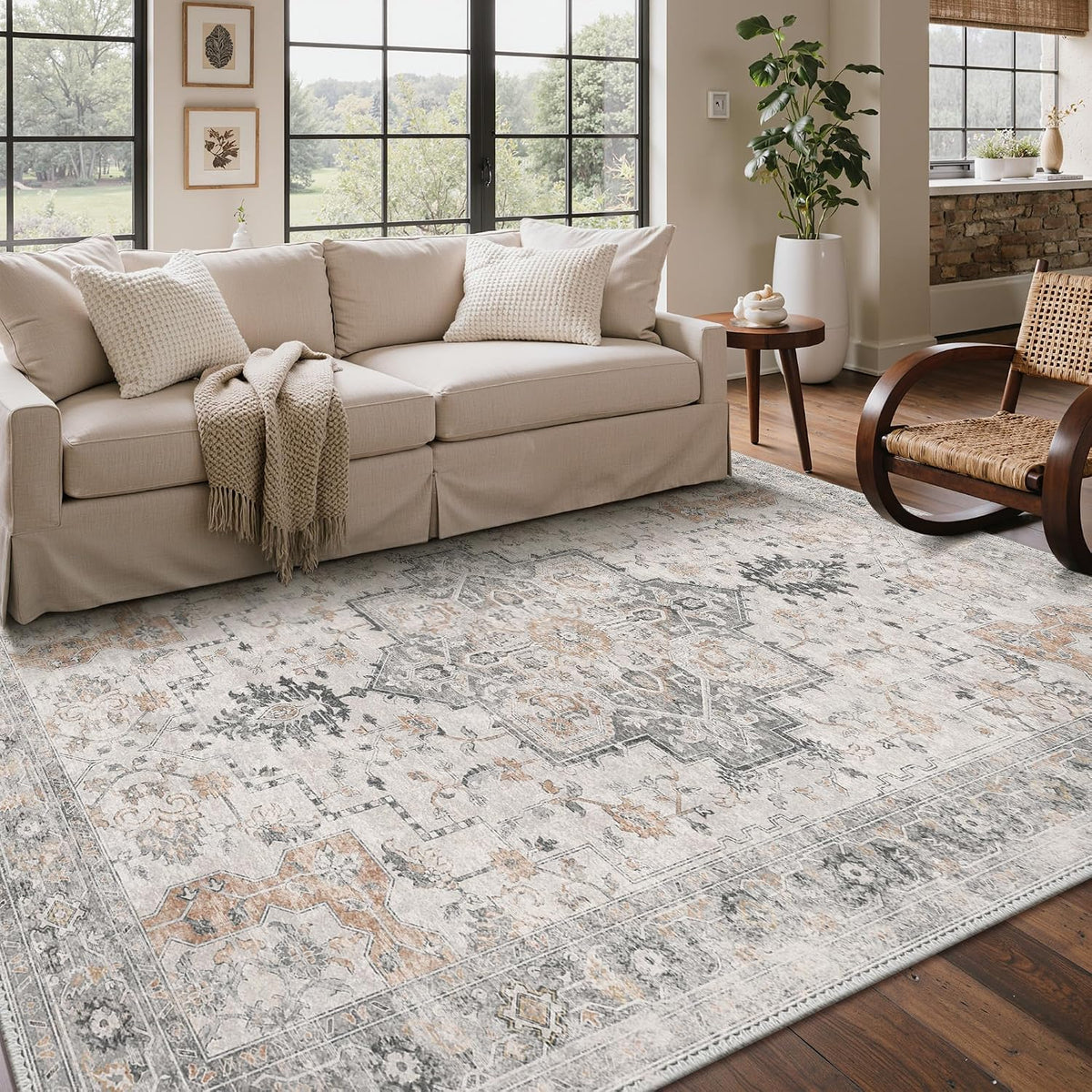GENIMO 5x7 Washable Area Rugs for Living Room, Non Slip, Light Taupe Brown