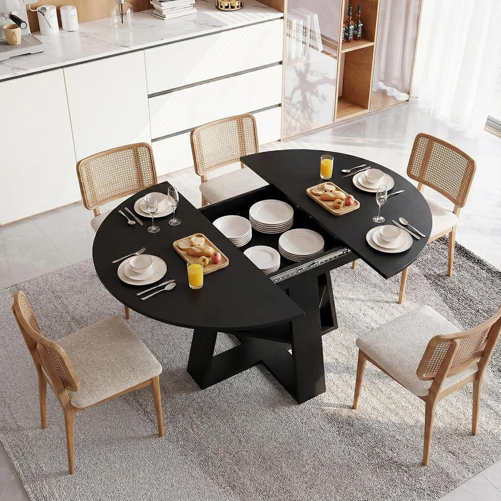 Round Extendable Dining Table Set for 6, 43"-59" Black Expandable Kitchen Table with 6 Grey Velvet Tufted Chairs, Farmhouse Wooden Extendable Dining Room Table Set for Small Space Apartment