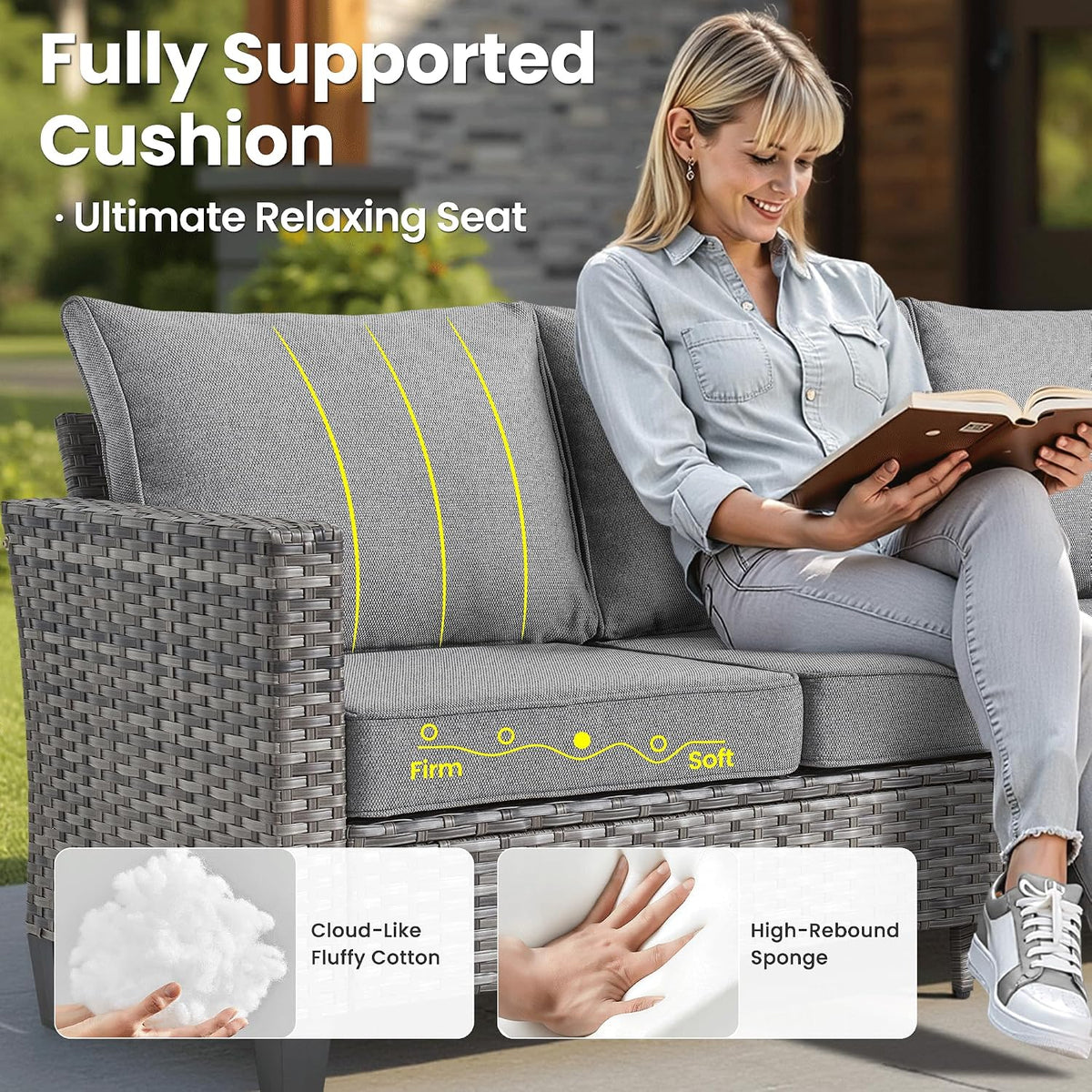ovios 9 Pieces Patio Furniture Set, Outdoor Wicker Sofa Couch with Swivel Glider Chairs Solar Lights Table, Modern Deep Seat Rattan Conversation Sets for Deck Porch, Dark Grey