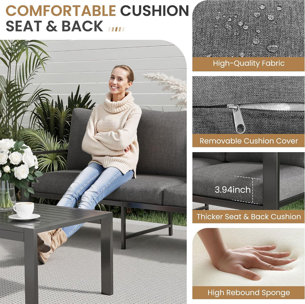 6 Pieces Aluminum Outdoor Patio Furniture Set 6-Seat Deck Furniture Patio Conversation Sets All-Weather Rust-Proof Sectional Sofa Set with Removable Cushion for Balcony, Yard, Poolside