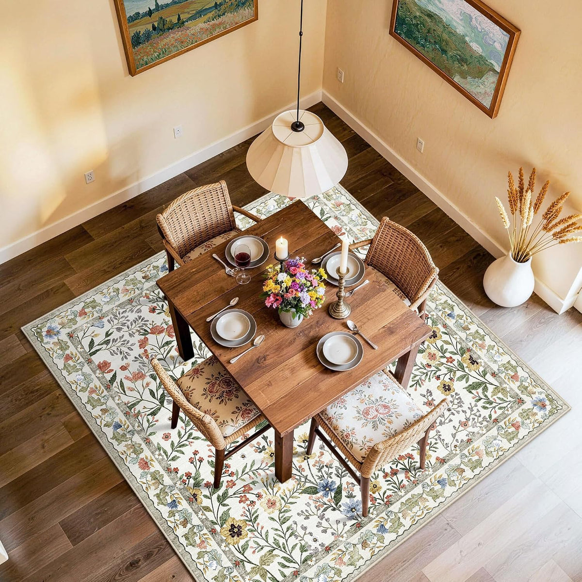 5x5 Living Room Area Rug Washable: Floral Non-Slip Mats for Indoor Floor Entryway Dining Room Bedroom - Soft Thin Carpet for Vintage Neutral Home Decor (5ft Square, Beige)