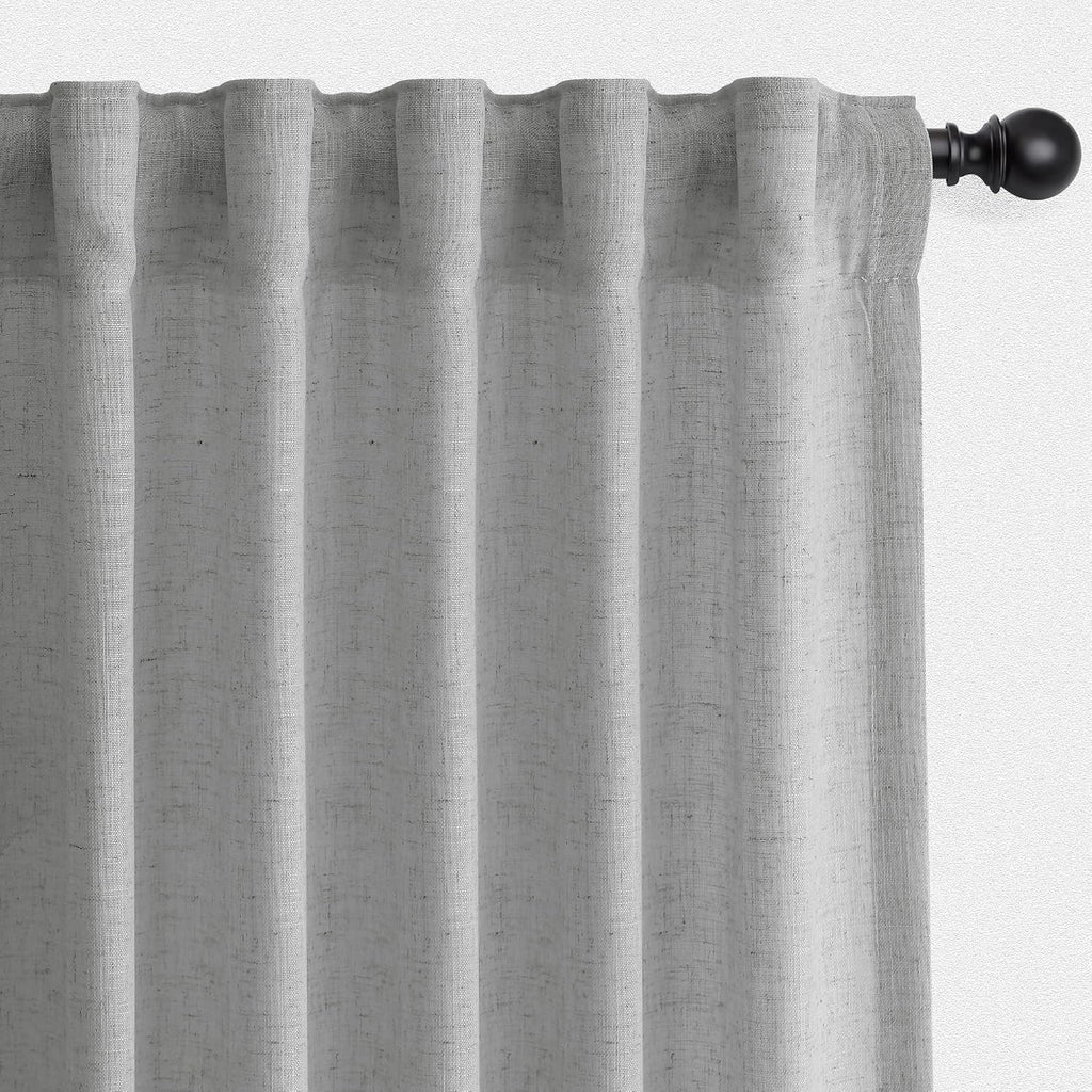 SMABU Linen Curtains 90 Inch Long for Living Room Hook Belt 2 Panels Gray