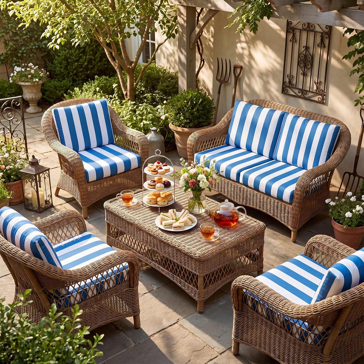 Newwiee 12 Pc Patio Stretch Cushion Covers,Blue White,Stripes