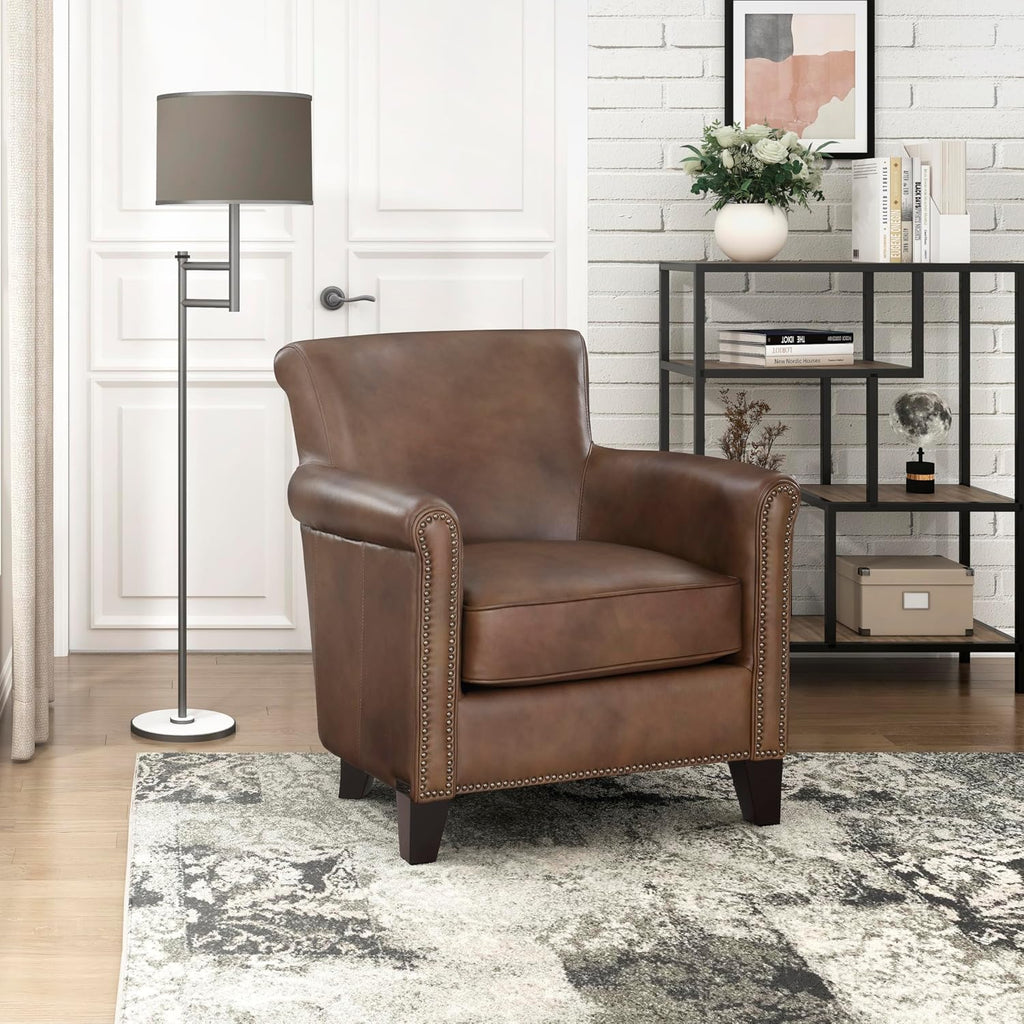 Lexicon Top Grain Genuine Leather Chair, Rolled Armrest, Classic Brown