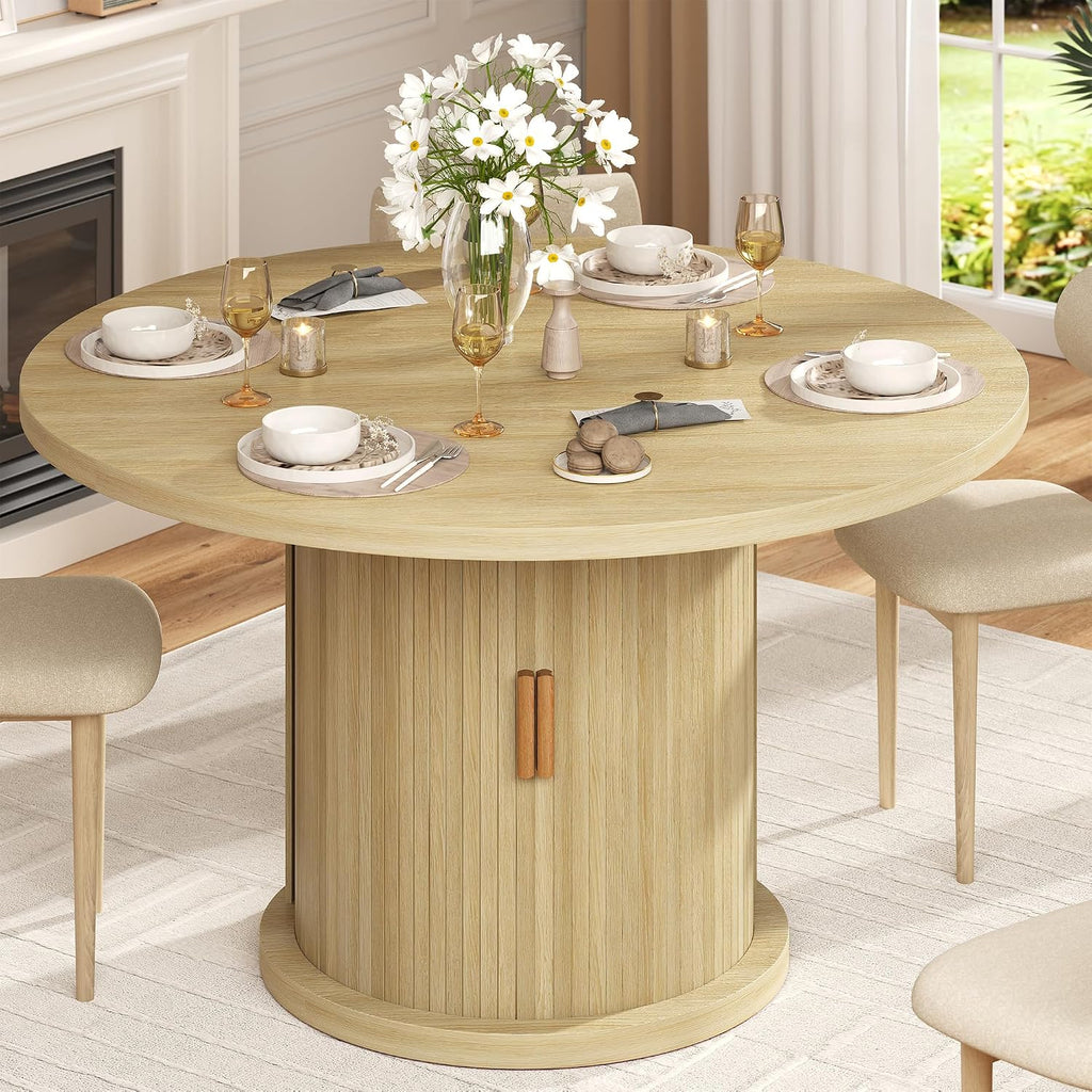 47.24" Round Dining Table for 4, Farmhouse Fluted Kitchen Tables Dining Room Circle Dinner Table, Modern Wood Kitchen & Dining Room Tables