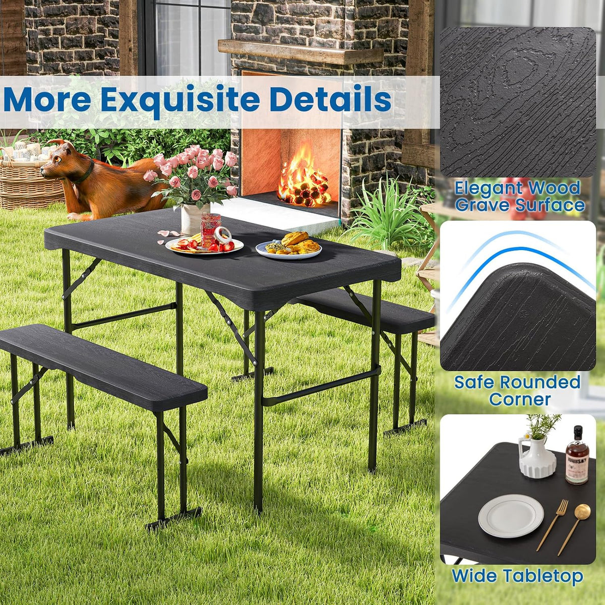 Tangkula Picnic Table with 2 Benches, 3 Piece Folding Picnic Table Set with HDPE Tabletop, Sturdy Metal Frame, 4 Person Plastic Folding Table for Indoor Outdoor Use (Black)